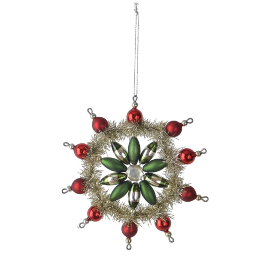 Retro Red and Green Glass and Tinsel Snowflake Ornaments