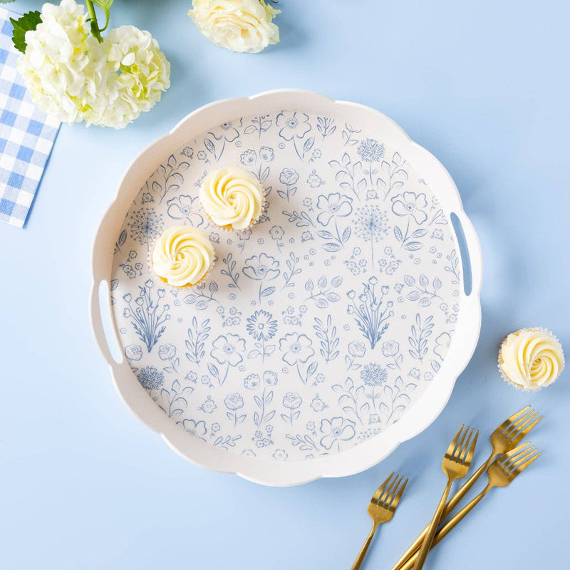 Round Scalloped Floral Bamboo Tray | Putti Fine Furnishings 