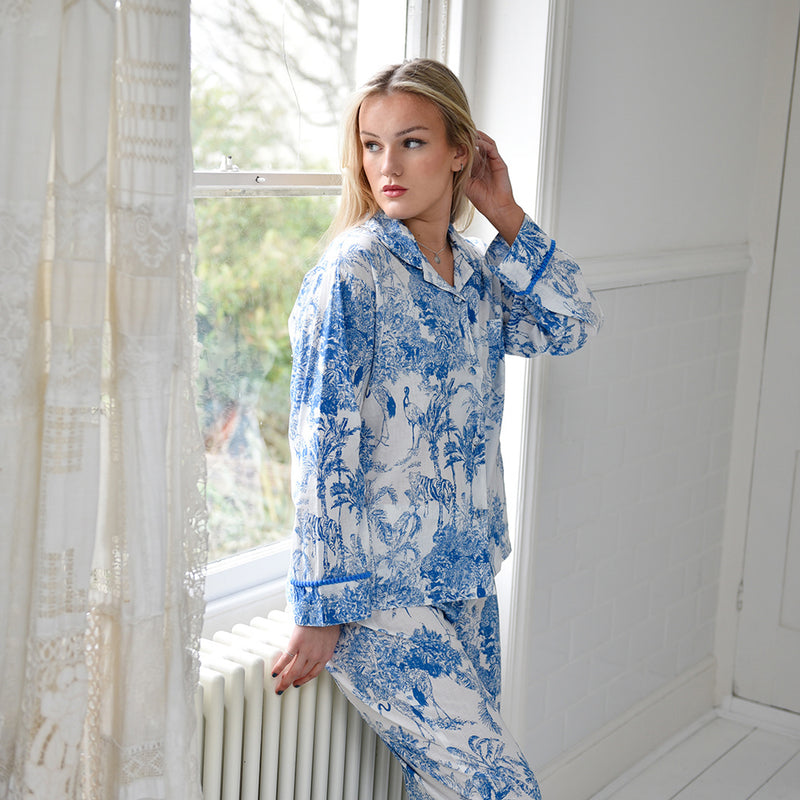 Blue Safari Toile Print Ladies Pyjamas | Putti Fine Fashions Canada 