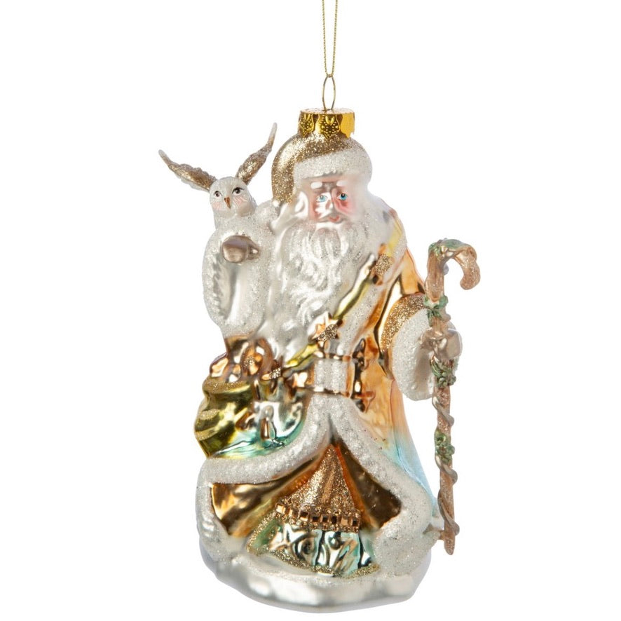 Santa with Owl and Staff Glass Ornament | Putti Christmas Canada 