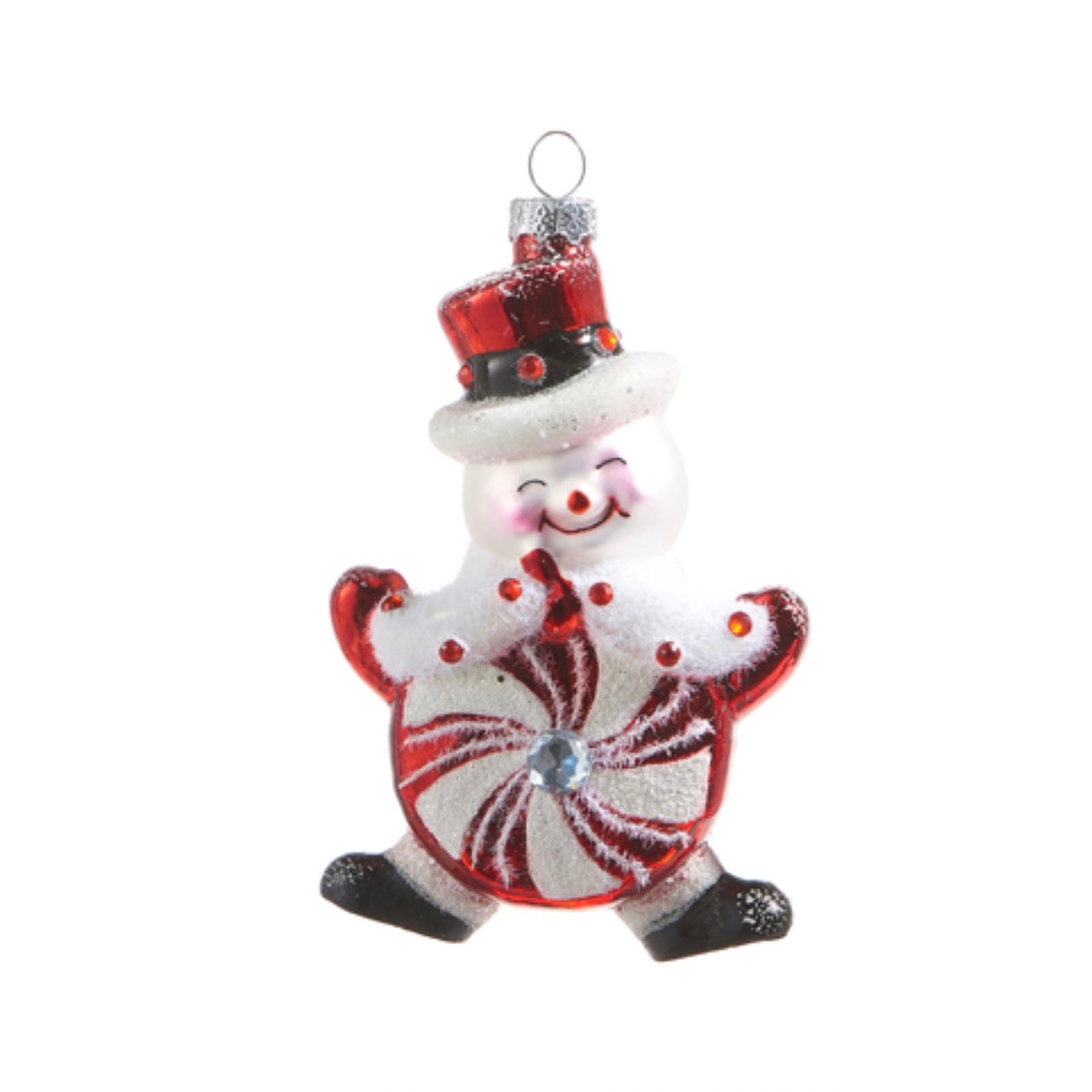 Peppermint Snowman Glass Ornament