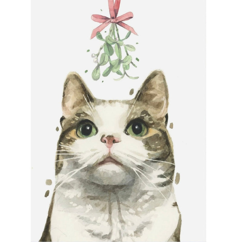 Tabby and White Cat with Mistletoe Christmas Greeting Card