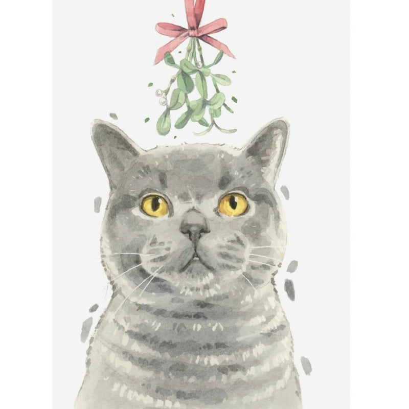 British Shorthair Cat with Mistletoe Christmas Greeting Card