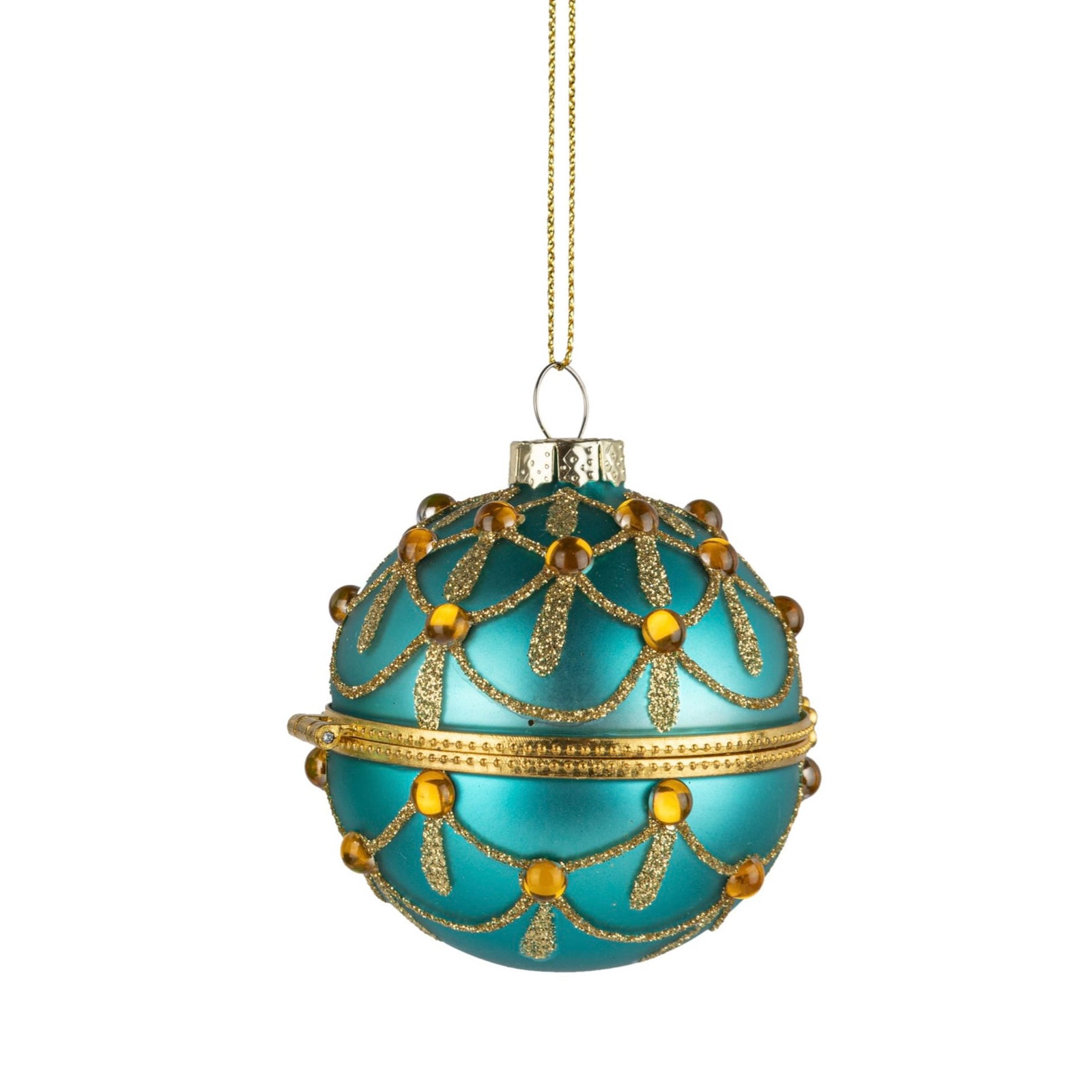 Aqua with Gold Swags Glass Trinket box Ornamet - Ball