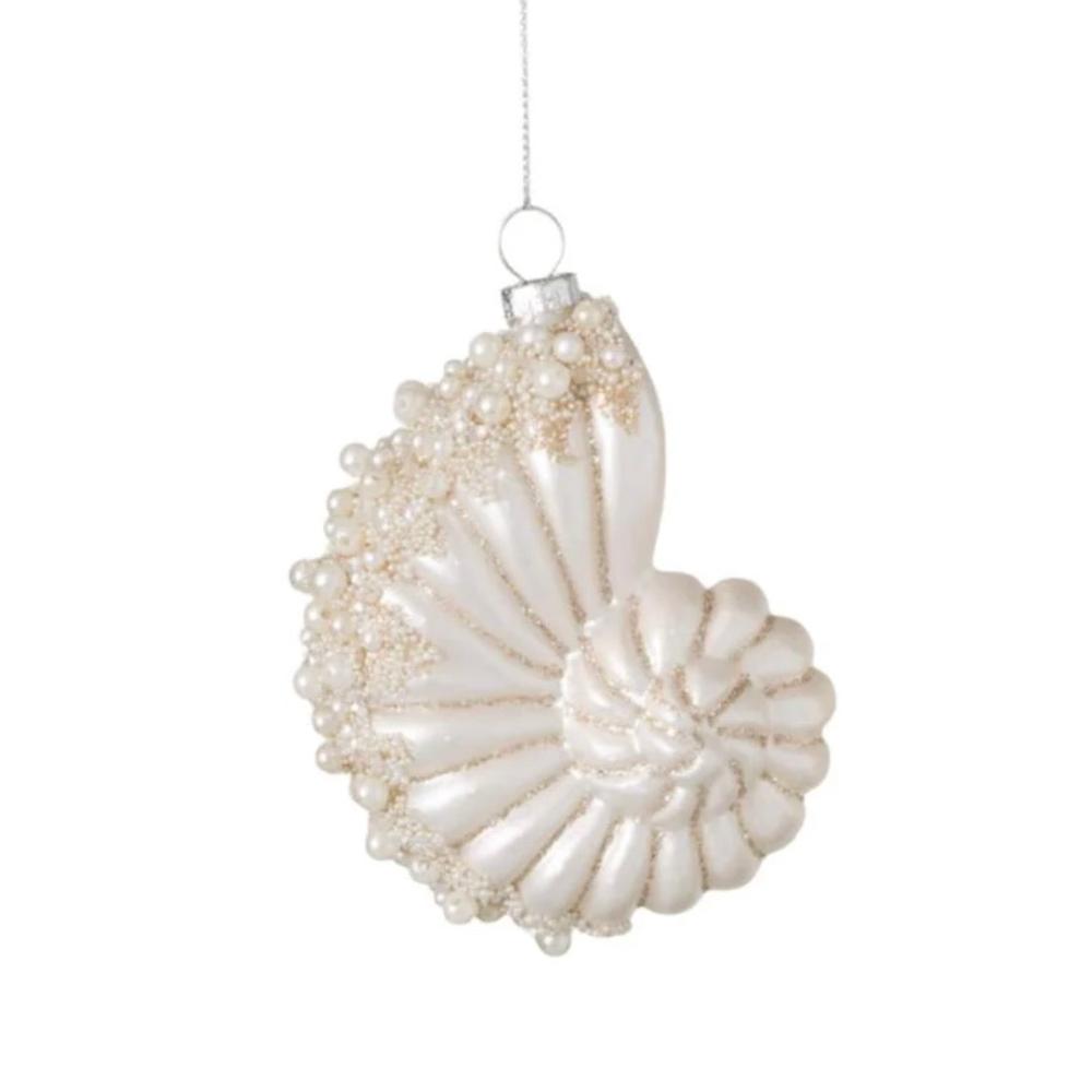 White with Pearls Nautalis Sea Shell Glass Ornament | Putti Christmas Decorations 