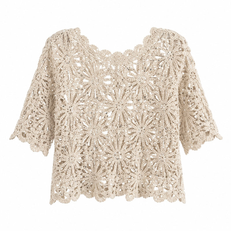 Sequin Crochet Short Sleeve Top - Natural | Putti Fine Fashions