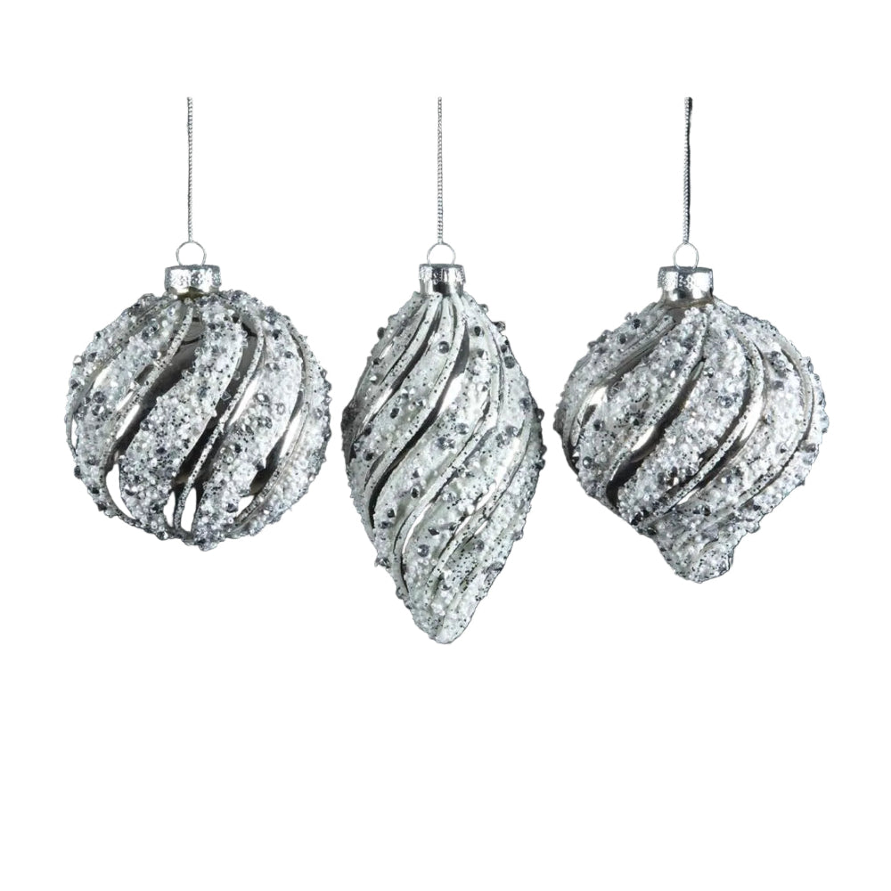 Silver Ice Swirls Glass Ornament | Putti Christmas Decorations 