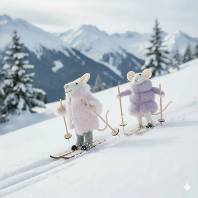Skiing Mouse in Lilac Puffy Parka Felt Ornament  | Putti Christmas Decorations