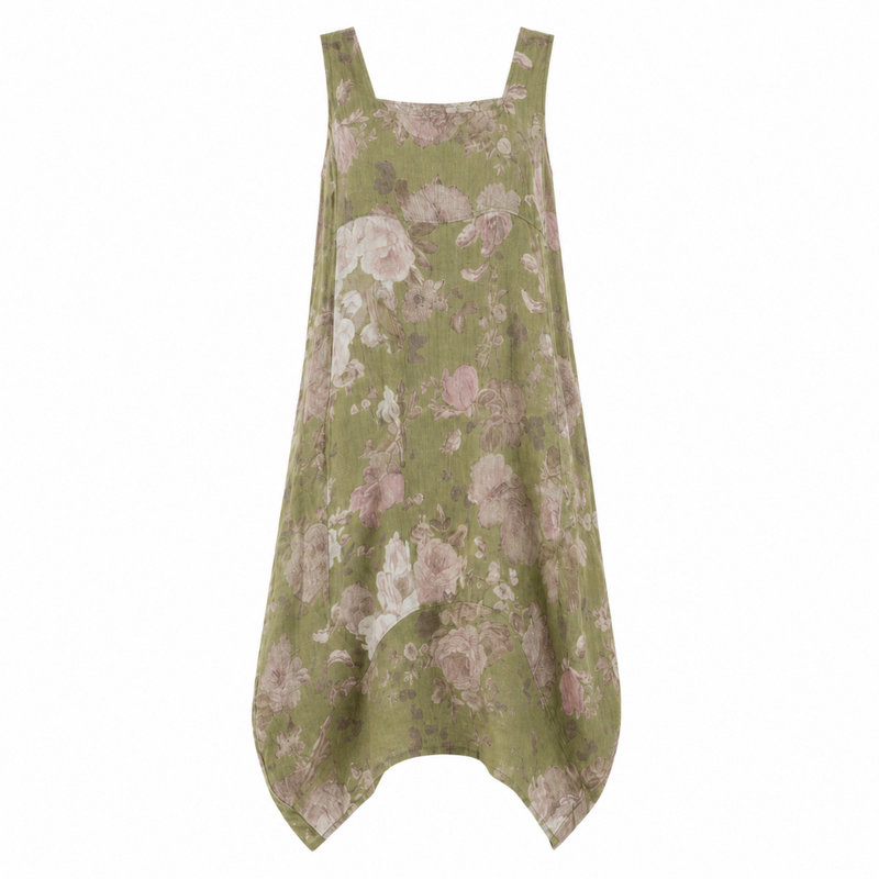 Sleeveless Linen Dress - Olive Floral - Putti Fine Fashions