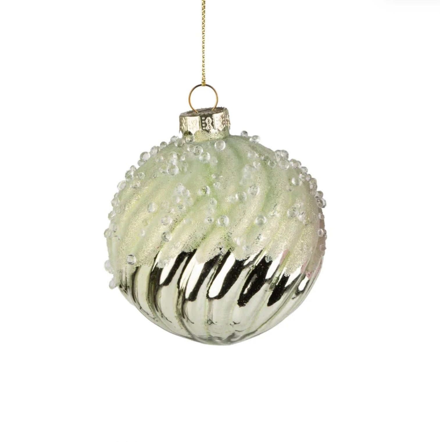 Swirl Molded Glass Ball Ornament with Frosted Beads Top - Green | Putti