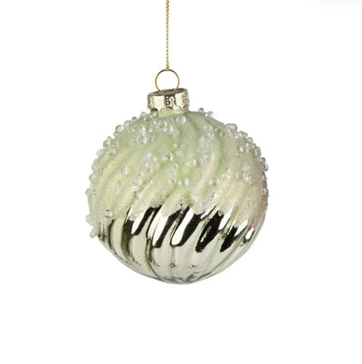 Swirl Molded Glass Ball Ornament with Frosted Beads Top - Green | Putti