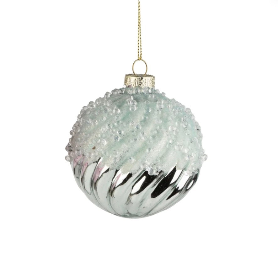 Swirl Molded Glass Ball Ornament with Frosted Beads Top - Light Blue  | Putti 