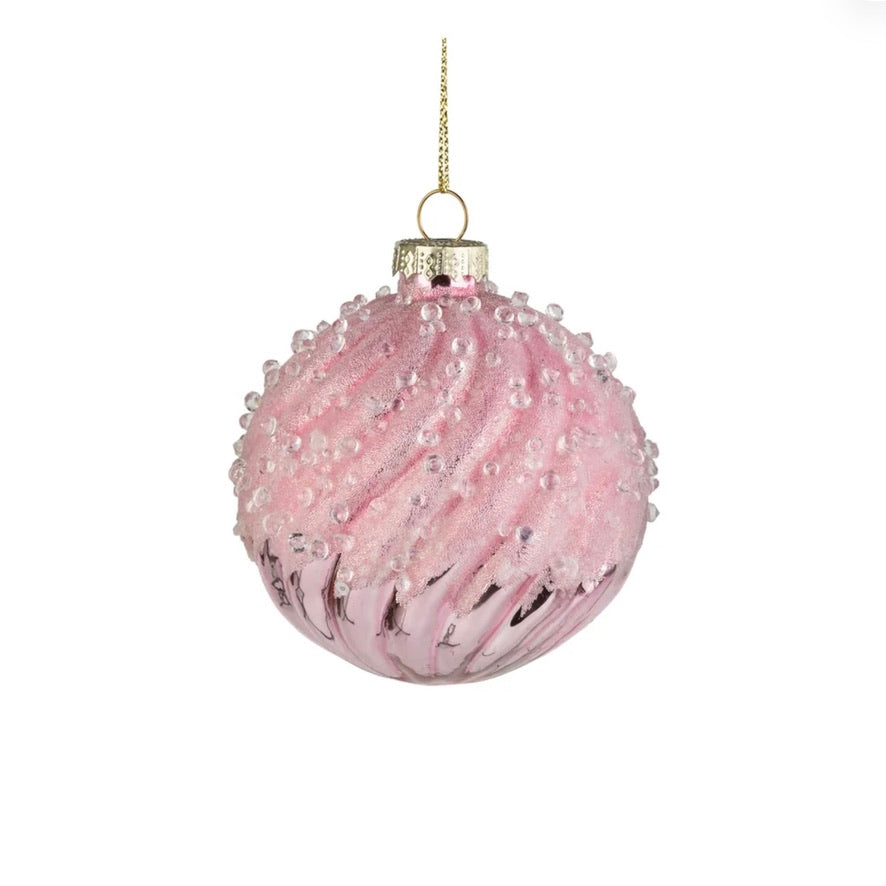 Swirl Molded Glass Ball Ornament with Frosted Beads Top - Pink | Putti