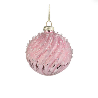 Swirl Molded Glass Ball Ornament with Frosted Beads Top - Pink | Putti