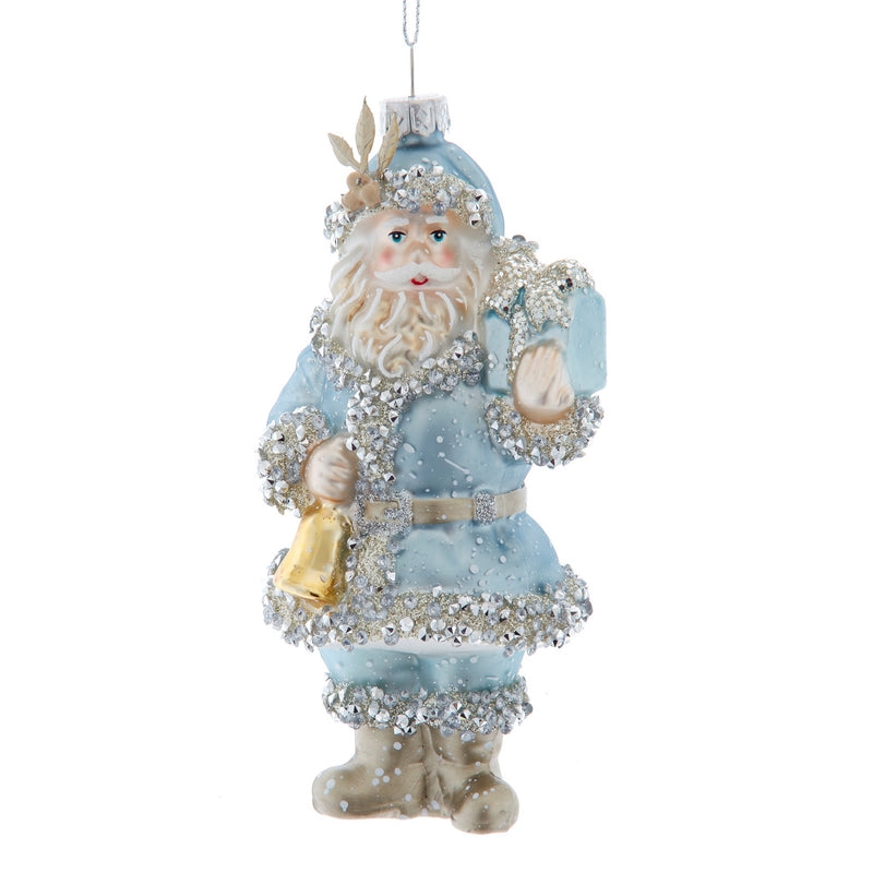 Kurt Adler Blue and Platinum Santa with Bell Glass Ornament