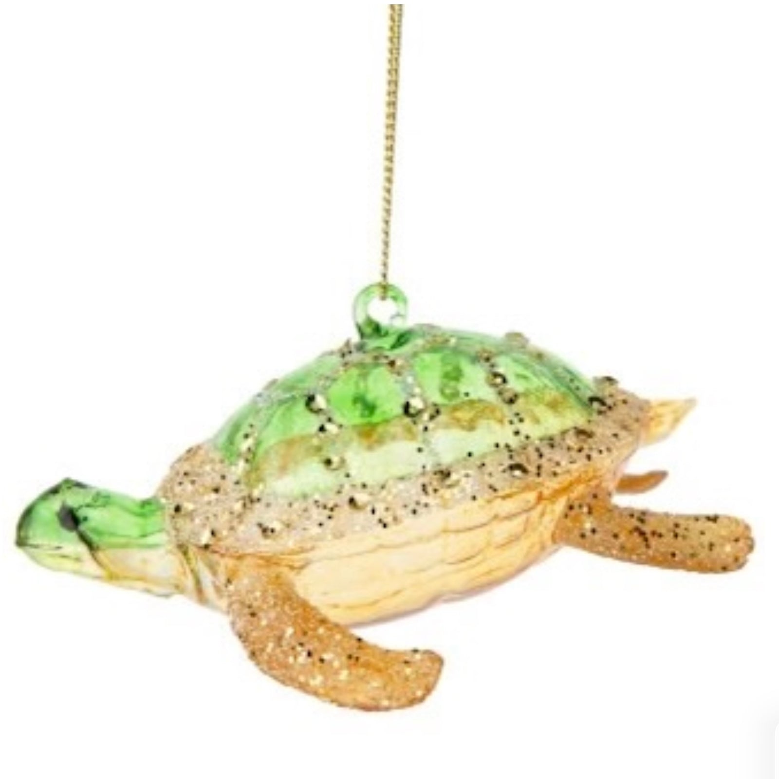 Translucent Green and Gold Blown Glass Sea Turtle Ornament | Putti Christmas 