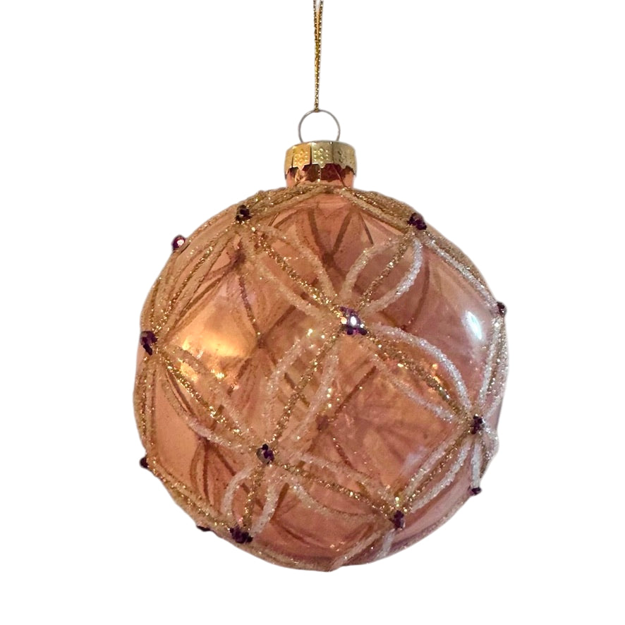 Transluscent Blush with Glitter Grid Glass Ball Ornament | Putti Christmas 