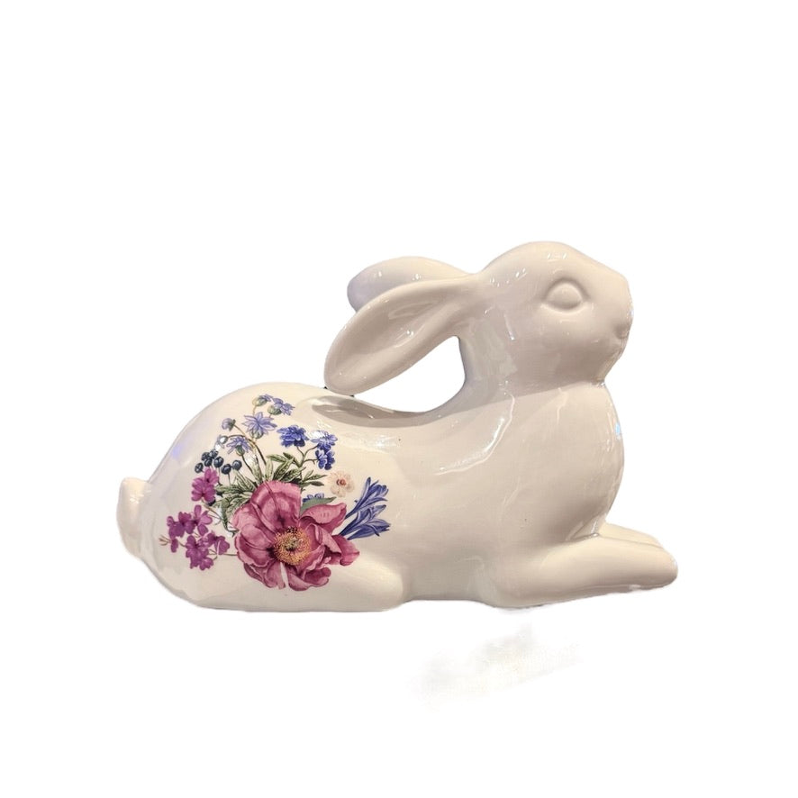 White Ceramic Bunny With Floral Pattern - Lying