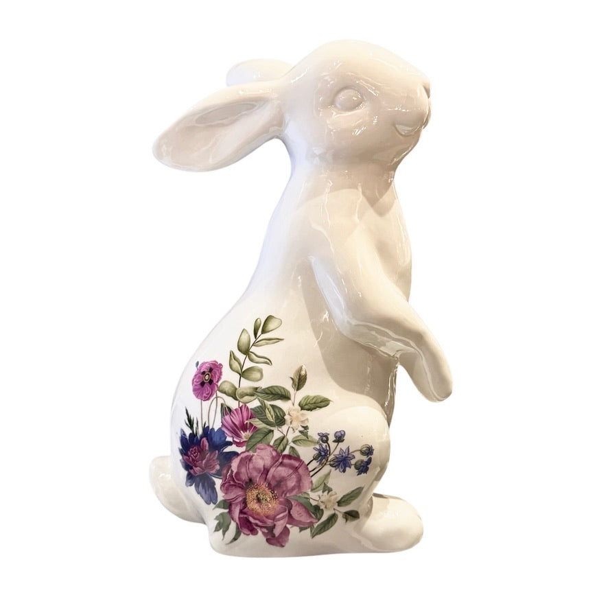 White Ceramic Bunny With Floral Pattern - Large