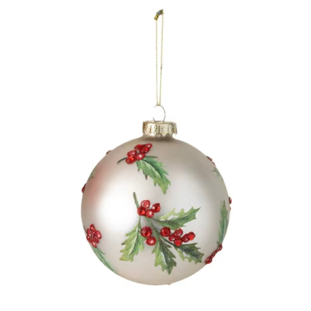 White Holly Jeweled Glass Ball Ornament | Putti Christmas Decorations 