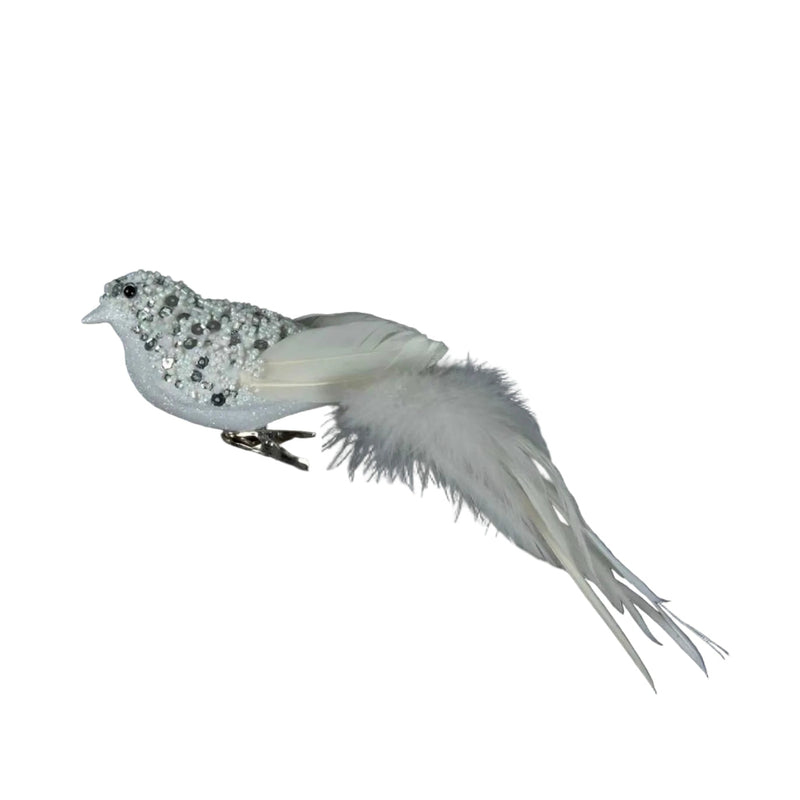 White with Silver Beads Bird with Clip | Putti Christmas Decorations 