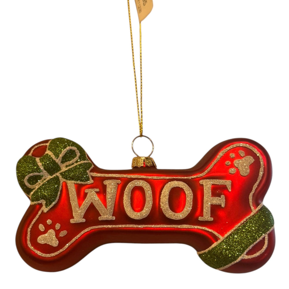"Woof" Dog Bone Glass Ornament | Putt Christmas Decorations