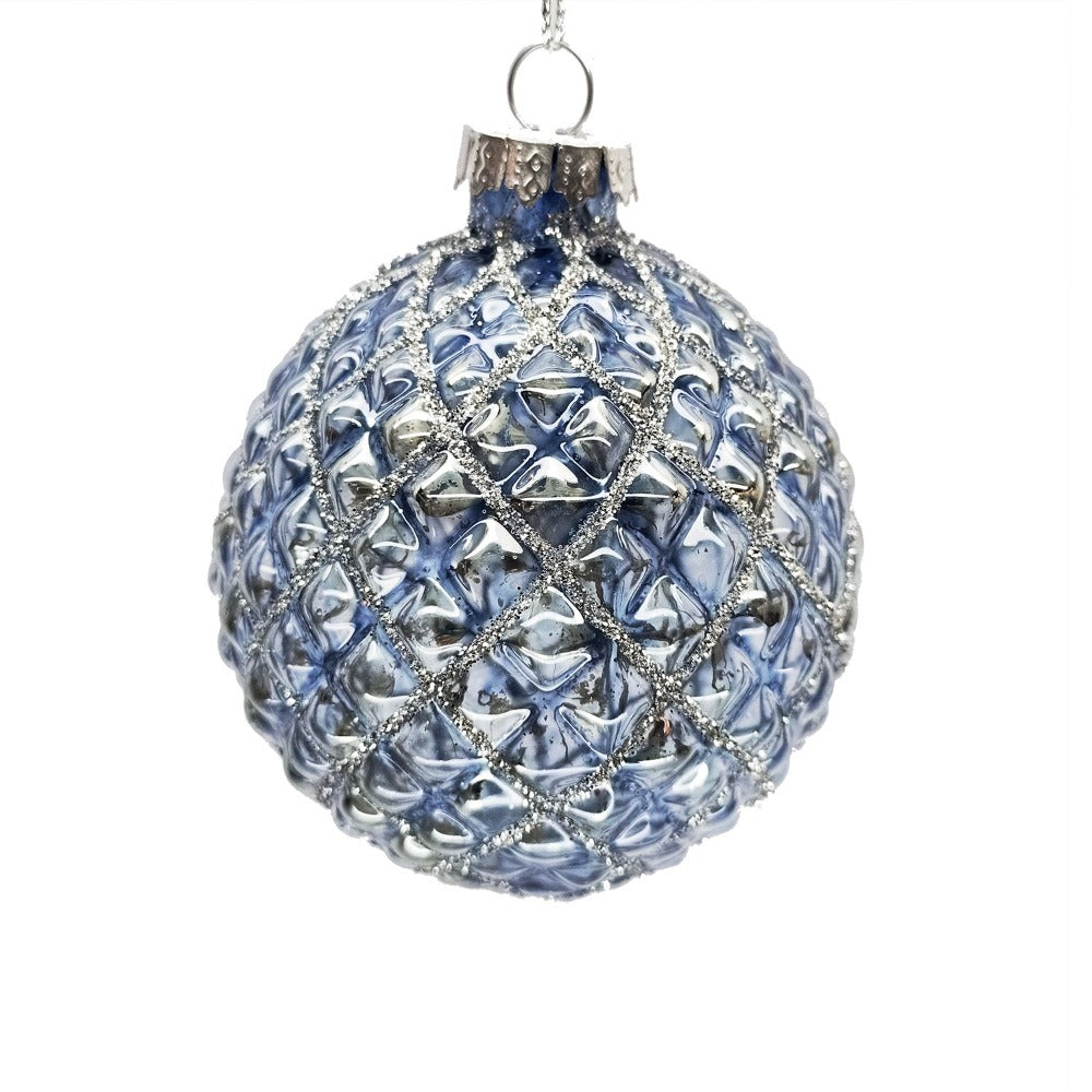 Blue Diamond Embossed Glass Ball Ornament | Putti Christmas Decorations 