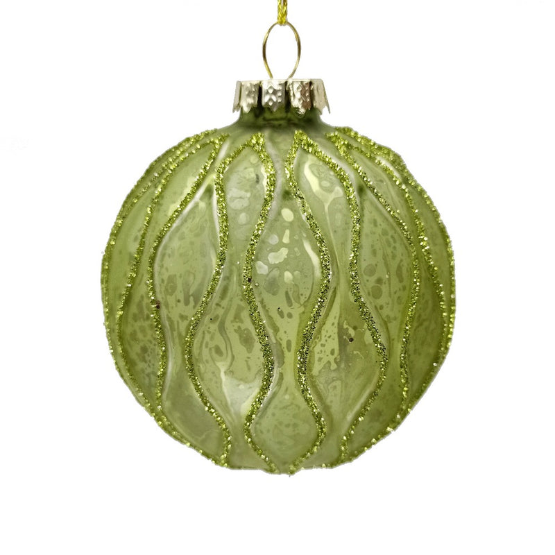 Green with Wavy Bands Glass Ball Ornament | Putti Christmas Decorations 