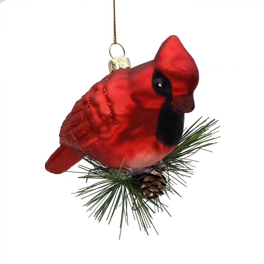 Cardinal on Branch Glass Ornament