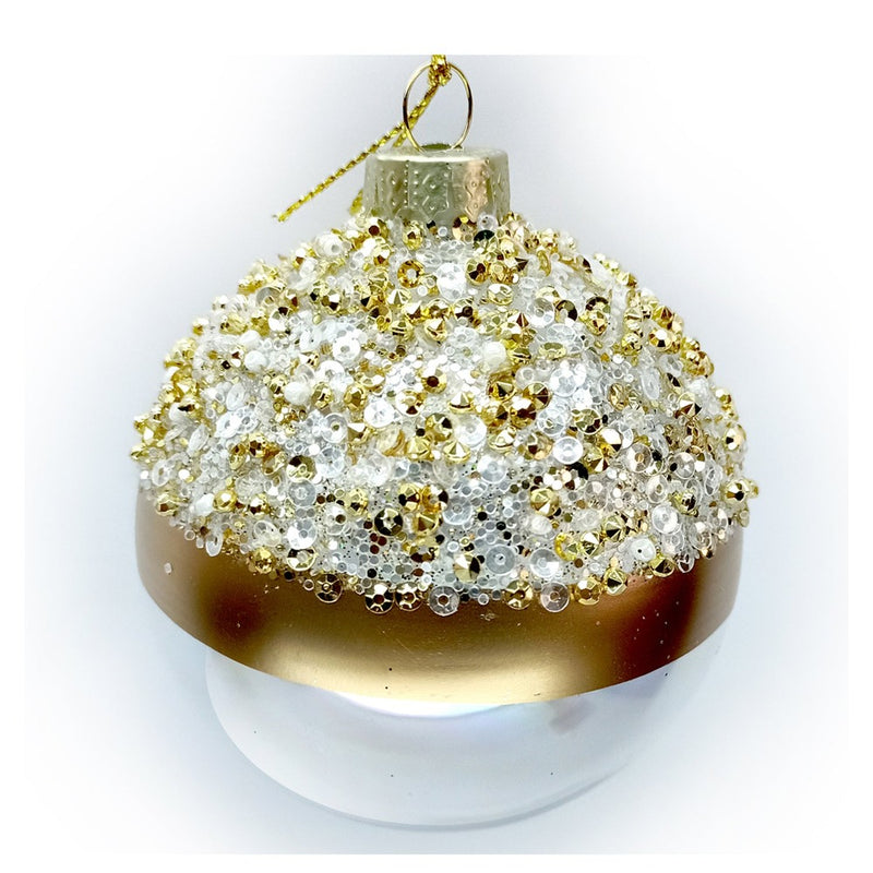 Clear with Gold Beaded Top Glass Ball Ornament