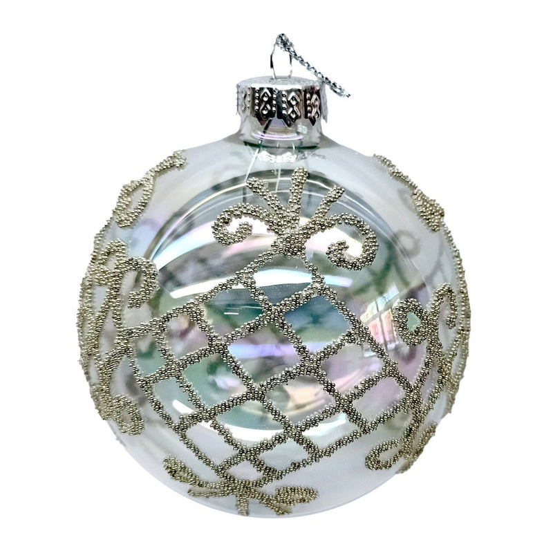 Clear with Antique Silver Celtic Motif Glass Ball Ornament | Putti Christmas Decorations 