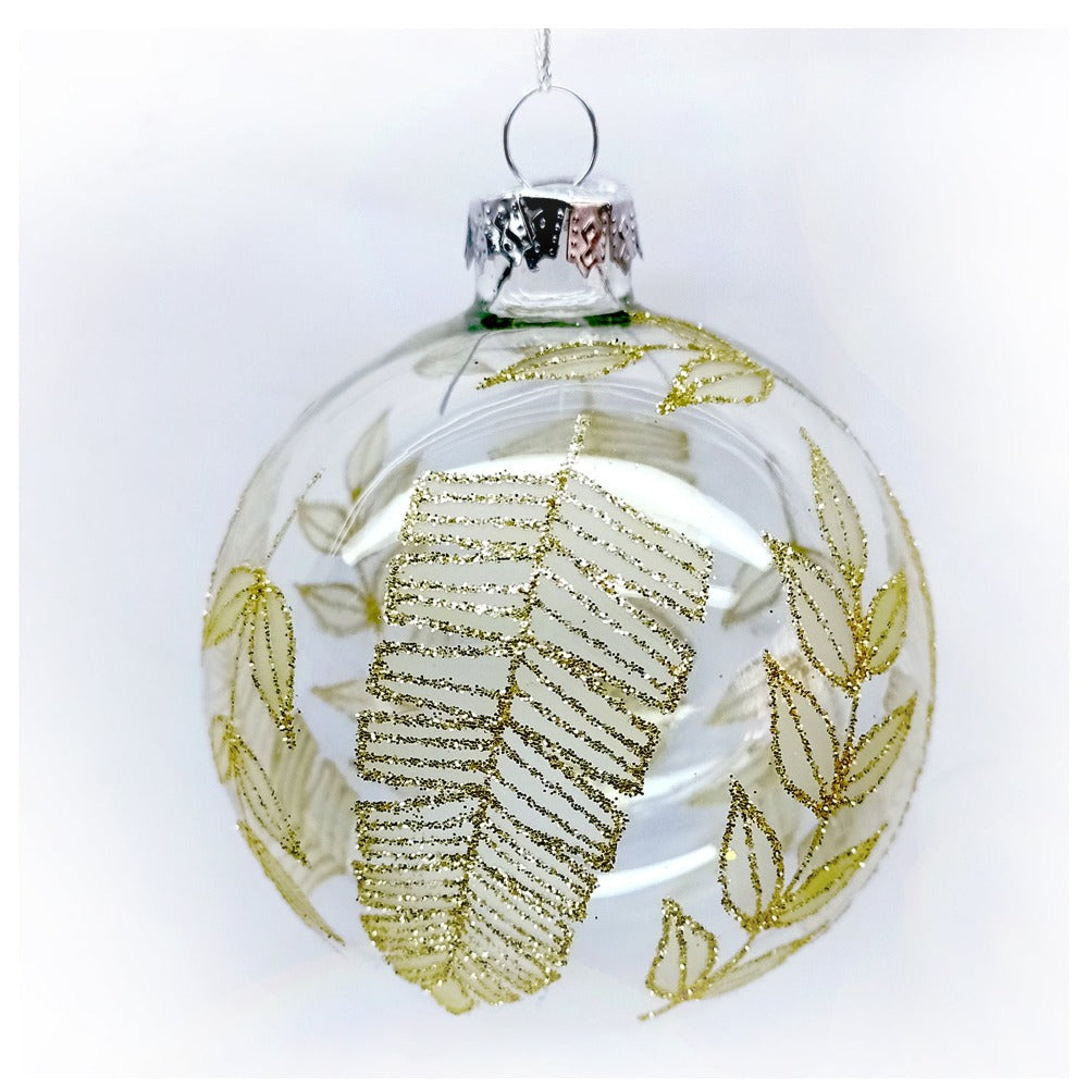 Clear with Gold Glitter Leaf Glass Ball Ornament | Putti Christmas Decorations