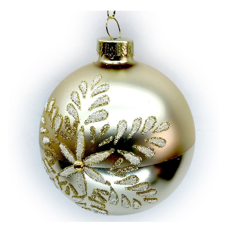 Matte Gold with Gitter Snowflake Glass Ball Ornament | Putti Christmas Decorations 