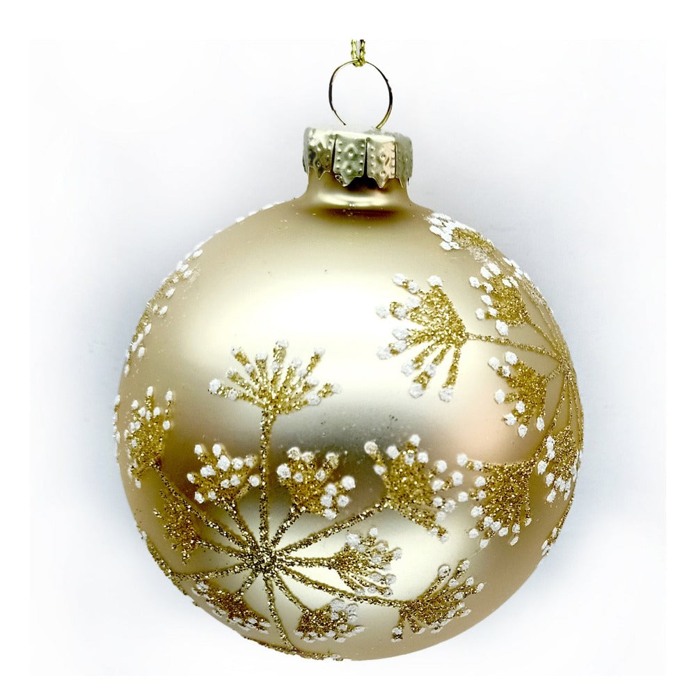 Matte Gold with Allover Glittered Snowflakes Glass Ball Ornament