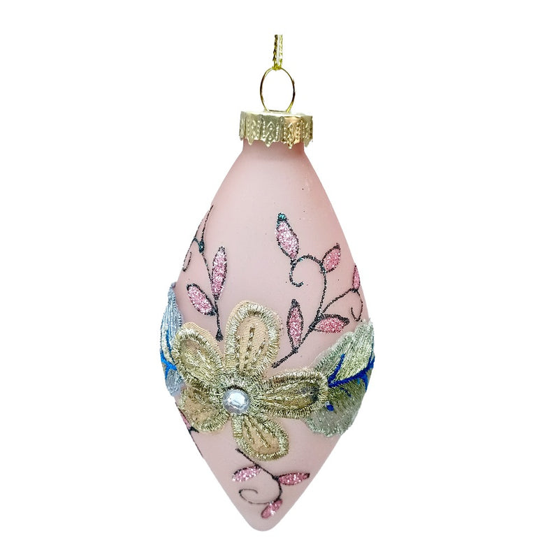 Pink with Pastel Floral Embroidery Glass Double Point Ornament | Putti Christmas 