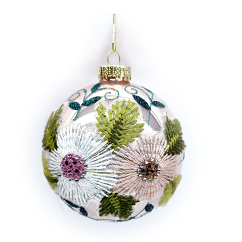 Pink with Floral Embroidery Glass Ball Ornament | Putti christmas Decorations 