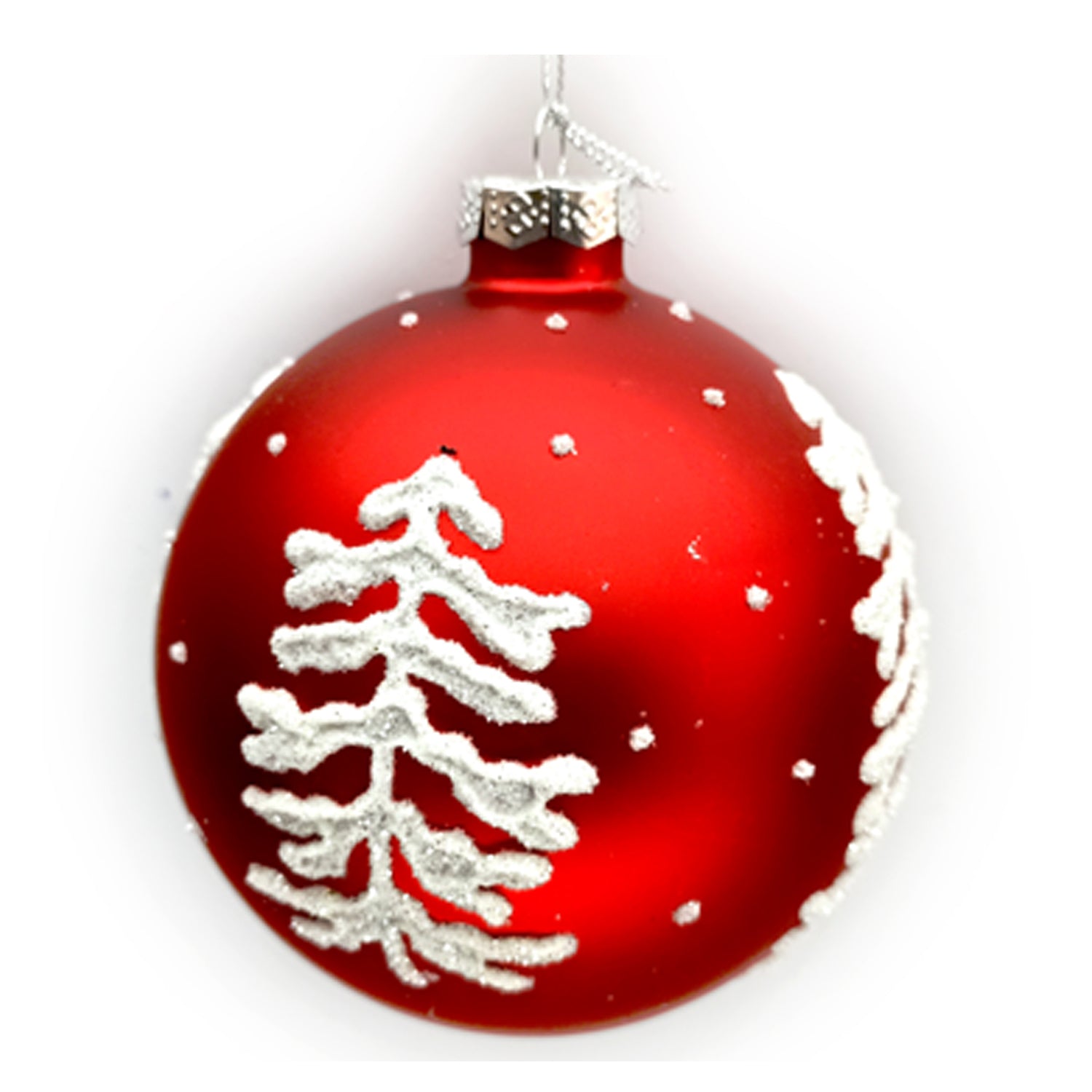 Matte Red with White Tree Glass Ball Ornament