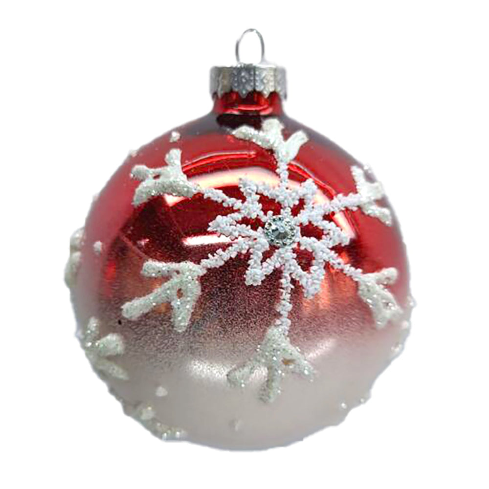 Shiny Red with White Glitter Snowflake Glass Ball Ornament | Putti