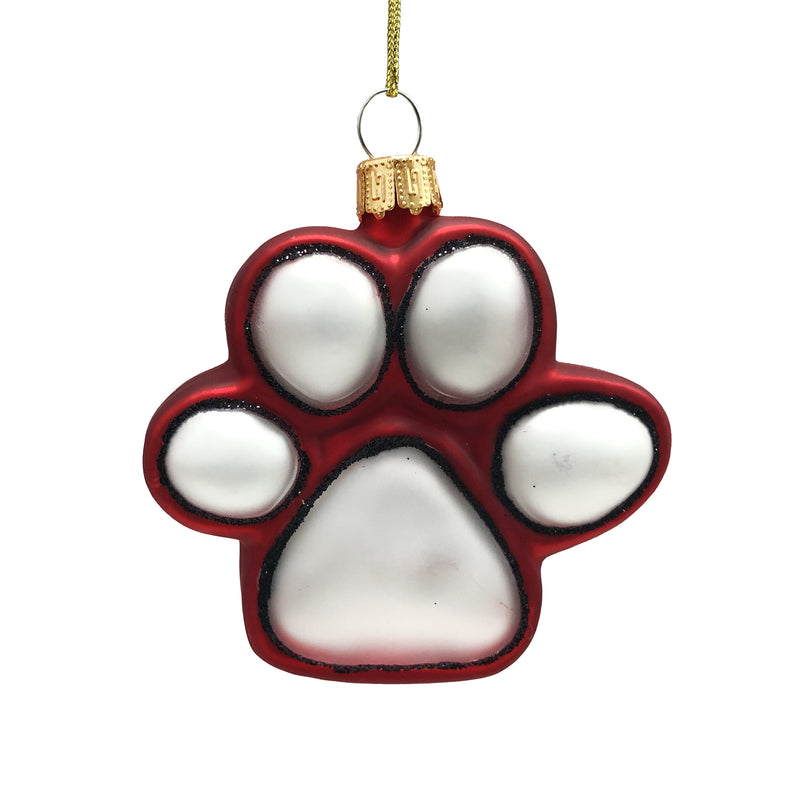 Red and White Paw Glass Ornament 