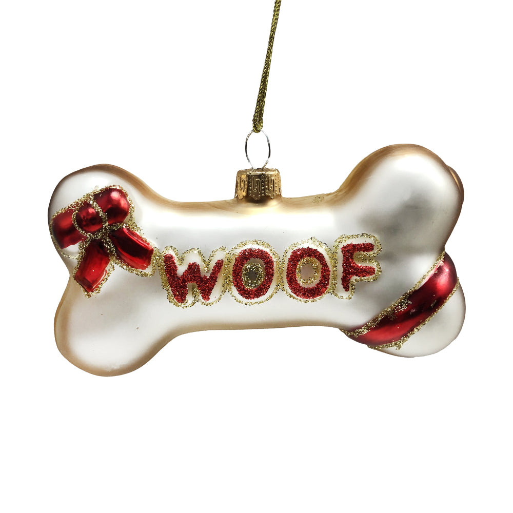 "Woof" Dog Bone Glass Ornament | Putti Christmas Decorations 