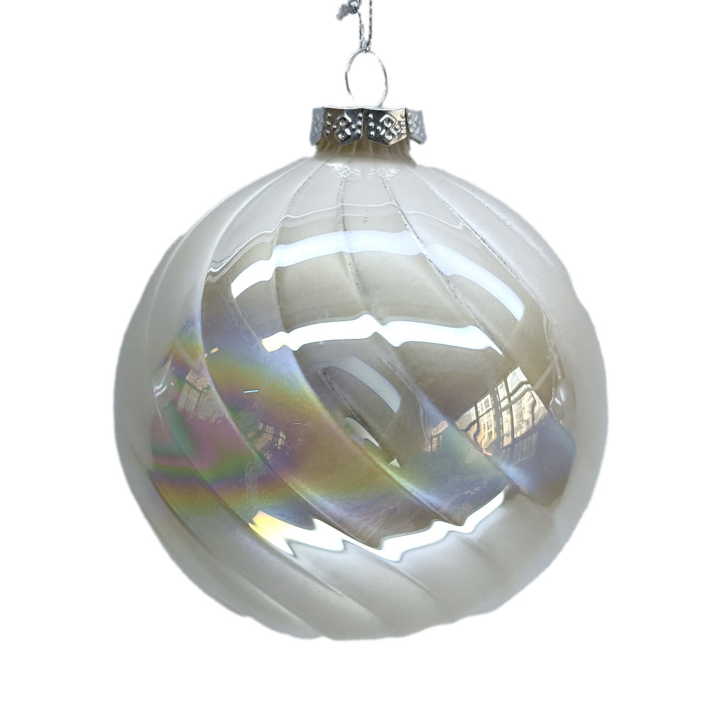 White Pearl Iridescent Swirl Pattern Glass Ball Ornament | Putti Christmas 