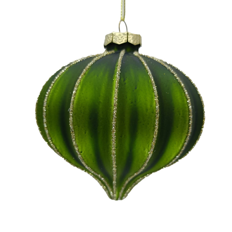 Green Matte Melon Ribbed with Gold Glitter Glass Onion Ornament | Putti Christmas 