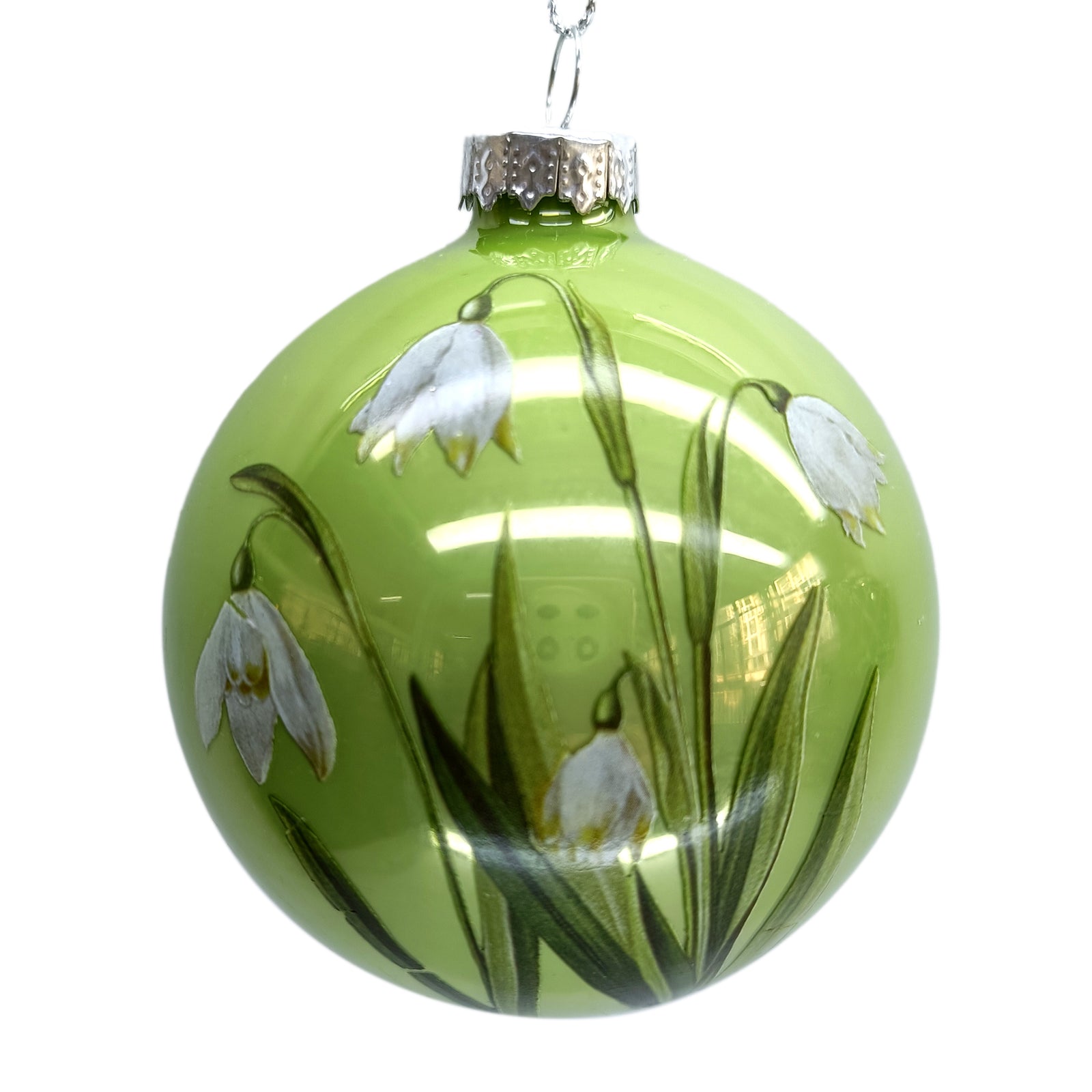 Shinny Green with Snowdrops Glass Ball  Ornament