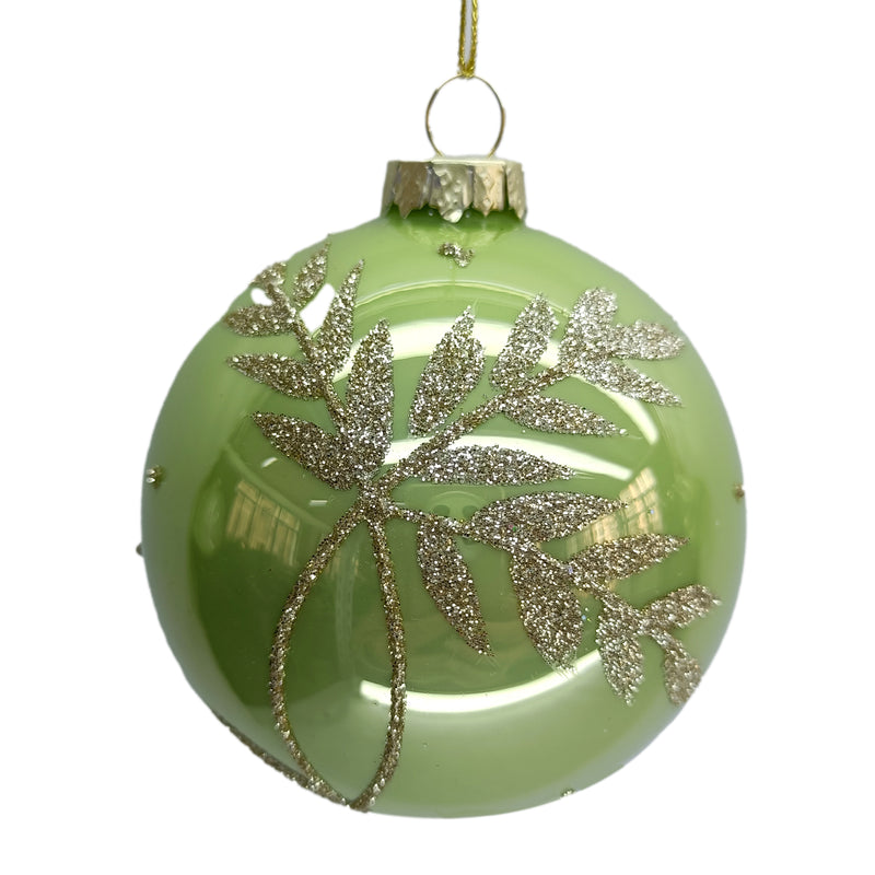 Shinny Green with Glitter Leaf Glass Ball  Ornament | Putti Christmas Decotrations 