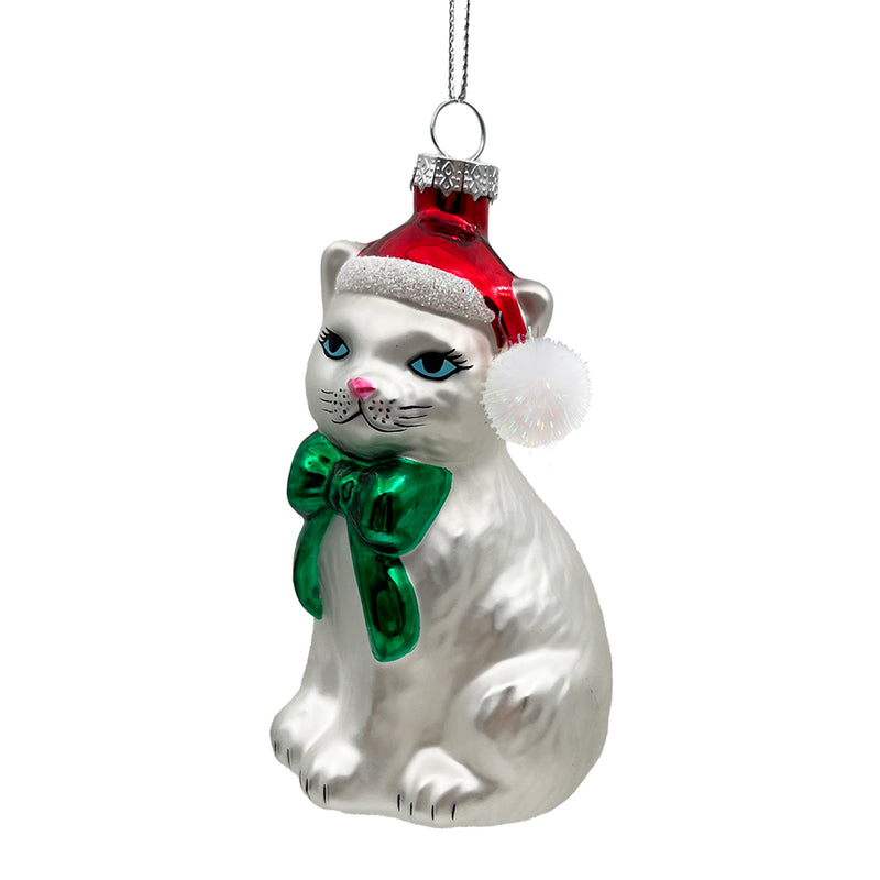 White Cat with Santa Hat Glass Ornament