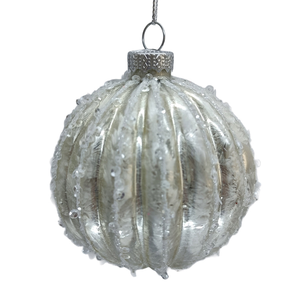 Matte White Vertical Grooves with Ice Drip Glass Ball Ornament | Putti Christmas