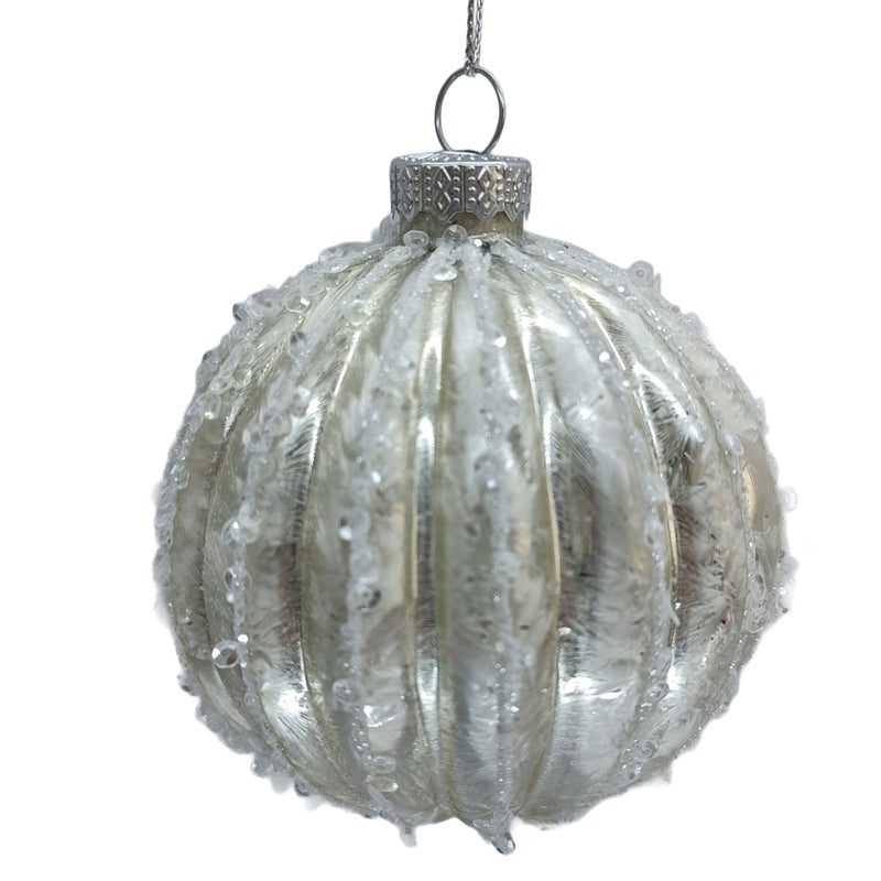 Matte White Vertical Grooves with Ice Drip Glass Ball Ornament | Putti Christmas 