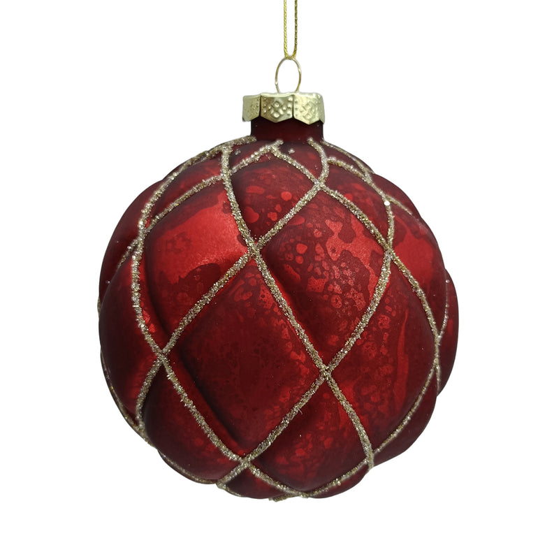 Antique Red with Gold Glitter Diamond Grid Glass Ball Ornament