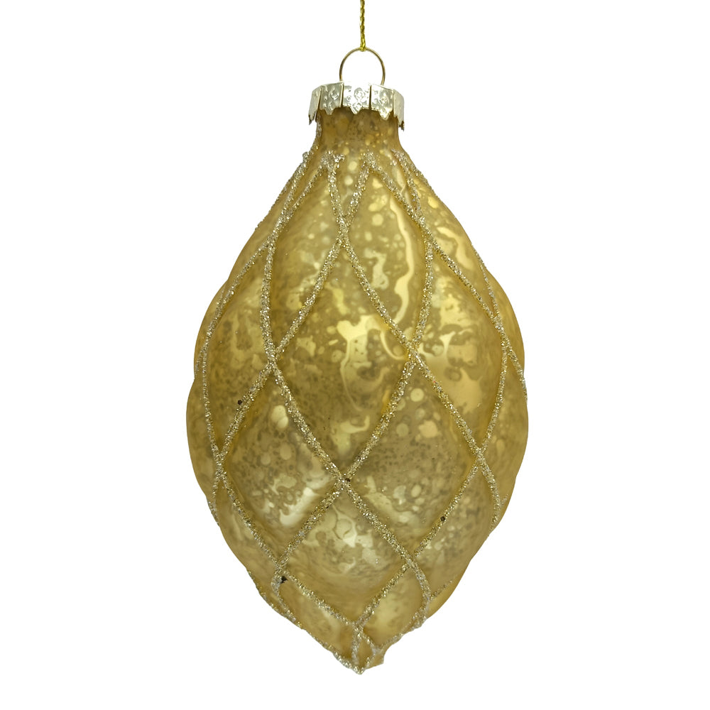 Antique Gold Glitter Diamond Grid Glass Olive Ornament | Putti Christmas