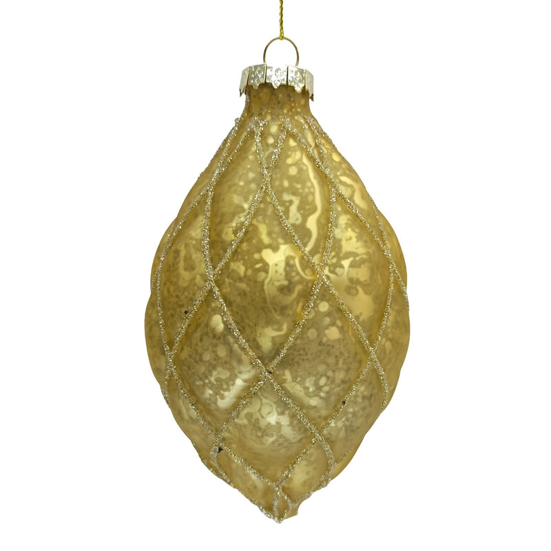 Antique Gold Glitter Diamond Grid Glass Olive Ornament | Putti Christmas 
